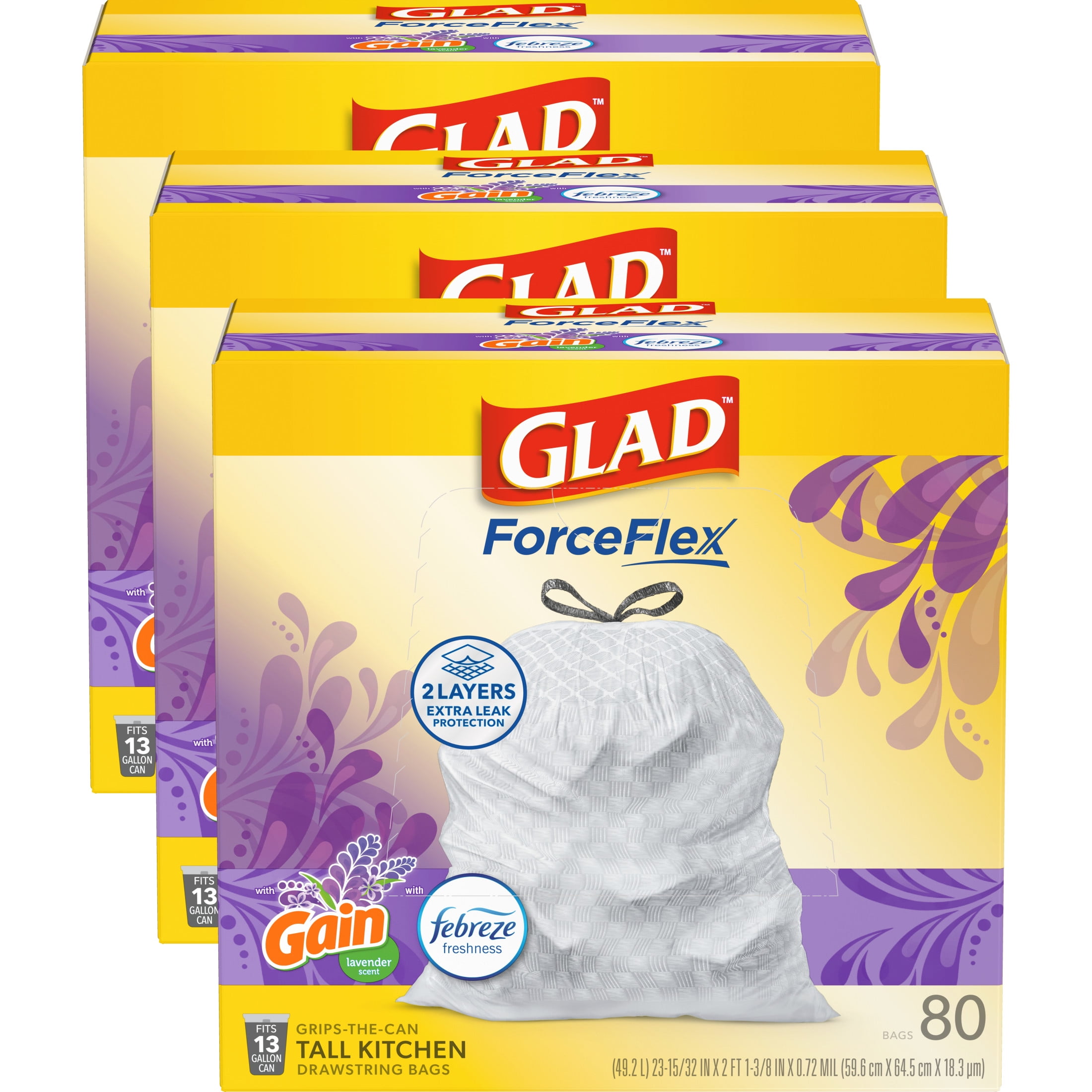 Glad ForceFlex Tall Kitchen Drawstring Trash Bags, 13 Gallon, Gain Lavender with Febreze Freshness, 80 Count Each, Pack of 3