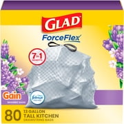 Glad ForceFlex Tall Kitchen Drawstring Trash Bags, 13 Gal, Gain Lavender, 80 Count
