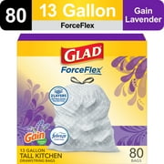 Glad ForceFlex Tall Kitchen Drawstring Trash Bags, 13 Gallon, Gain Lavender with Febreze Freshness, 80 Count