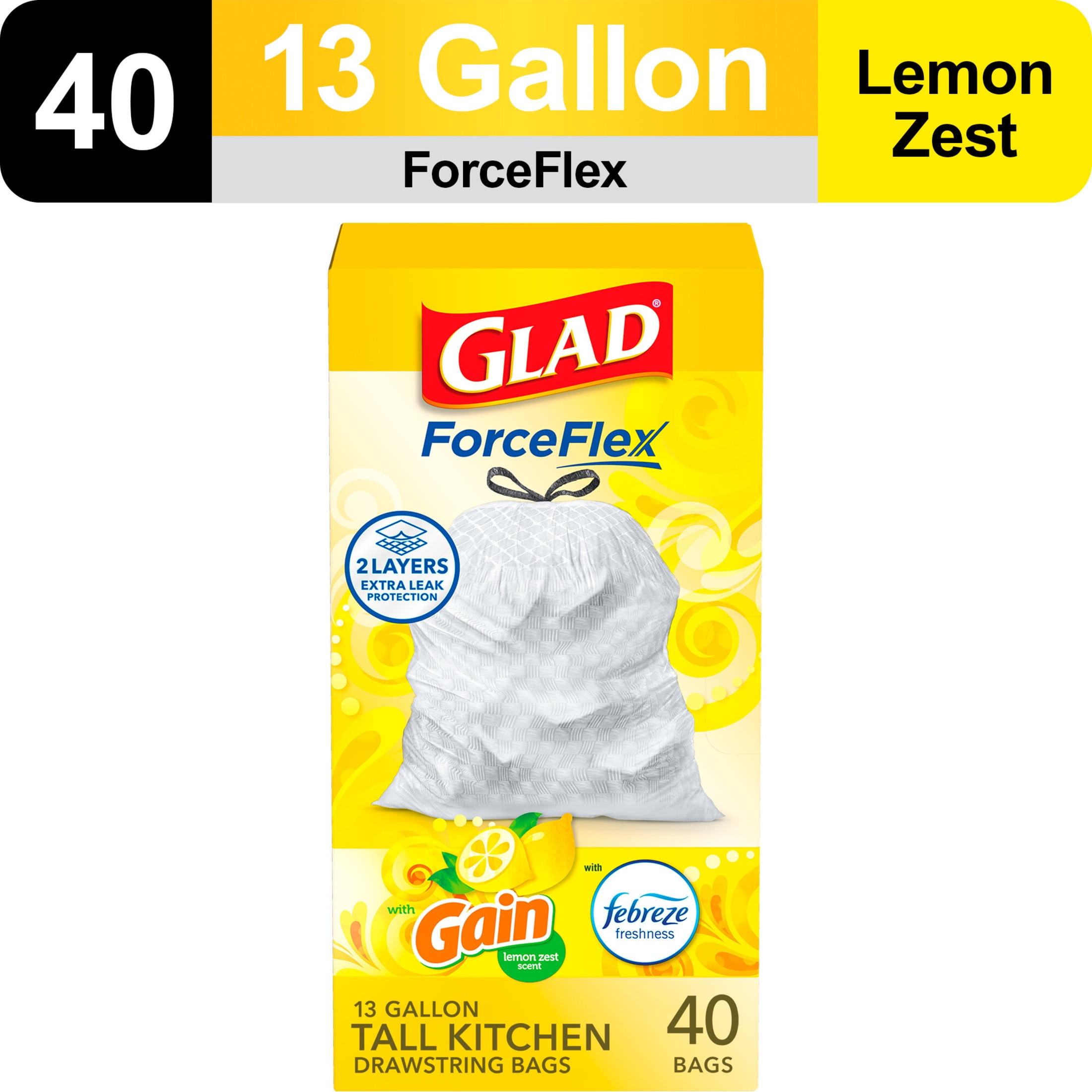 Glad ForceFlex Tall Kitchen Drawstring Trash Bags, 13 Gallon, Gain Lemon Zest, 40 Count