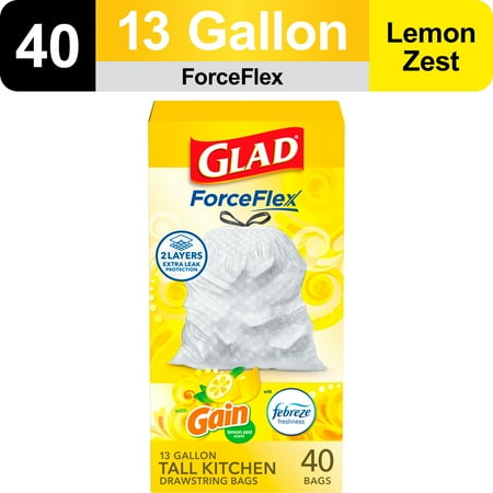 Glad ForceFlex Tall Kitchen Drawstring Trash Bags, 13 Gallon, Gain Lemon Zest, 40 Count