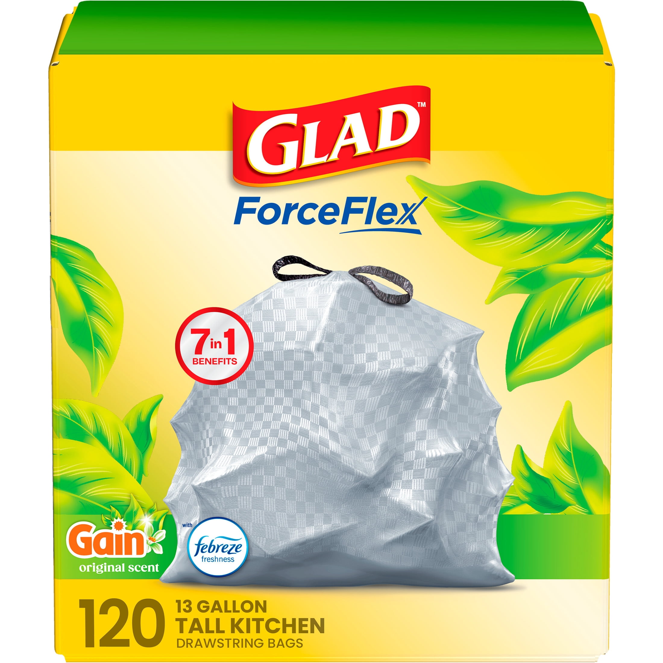 Glad ForceFlex Tall Kitchen Drawstring Trash Bags, 13 Gal, Gain Original, 120 Count