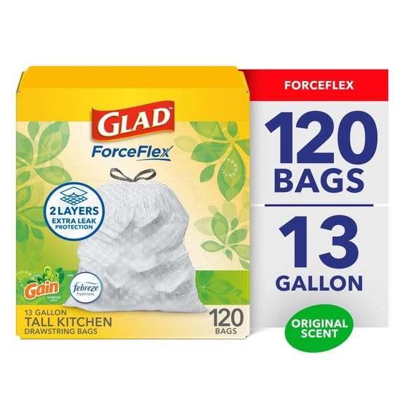 Glad ForceFlex Tall Kitchen Drawstring Trash Bags, 13 Gallon, Gain Original with Febreze Freshness, 120 Count