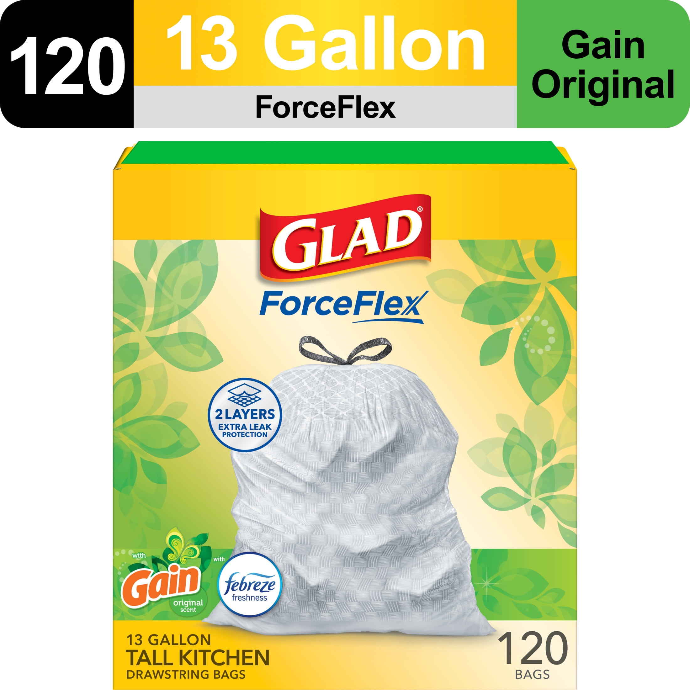 Glad ForceFlex Trash Bags (120 Count): 13 Gallon, Gain Original & Febreze F. Odor Shield