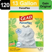Glad ForceFlex Tall Kitchen Drawstring Trash Bags, 13 Gallon, Gain Original with Febreze Freshness, 120 Count