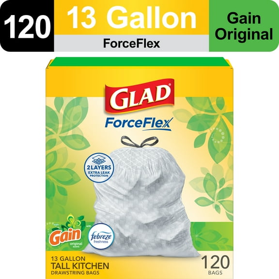 Glad ForceFlex Tall Kitchen Drawstring Trash Bags, 13 Gallon, Gain Original with Febreze Freshness, 120 Count
