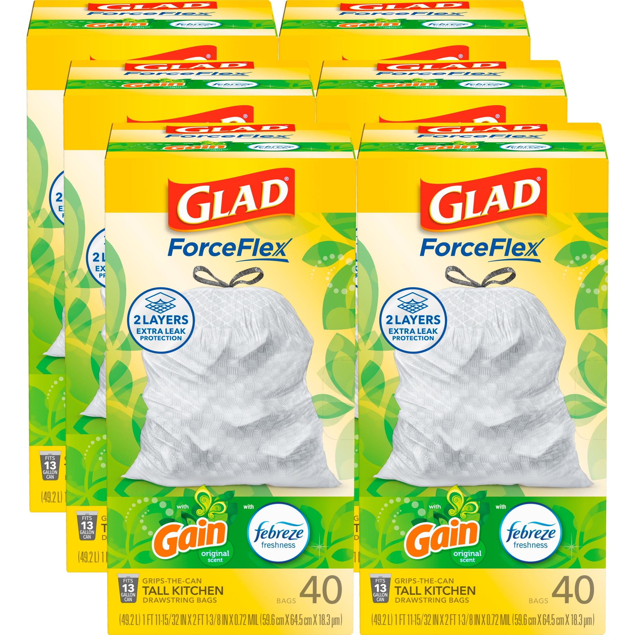 (6 pack) Glad ForceFlex Tall Kitchen Drawstring Trash Bags, 13 Gal, Gain Original with Febreze, 40 Ct
