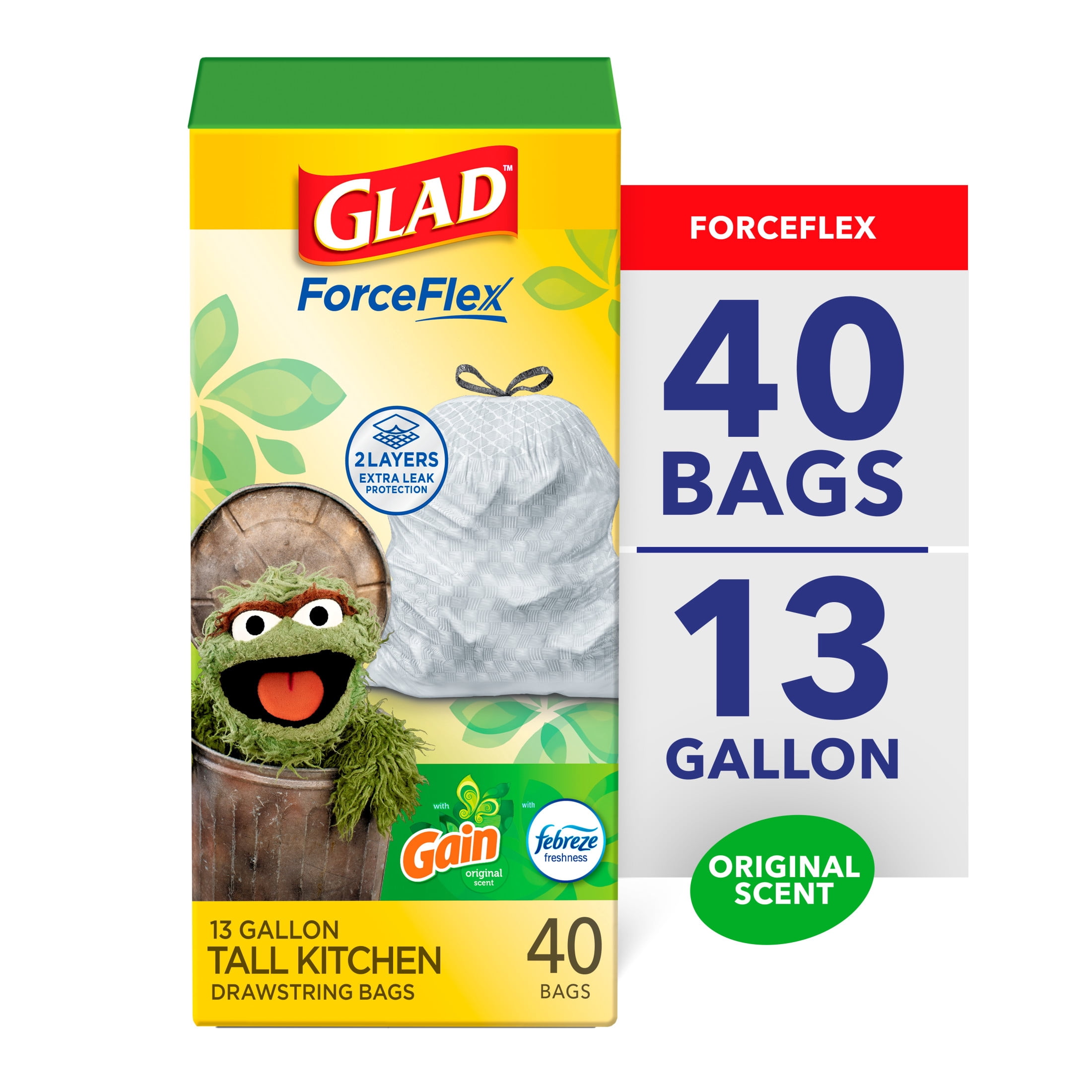 Glad ForceFlex Tall Kitchen Drawstring Trash Bags, 13 Gal, Gain Original with Febreze, 40 Ct