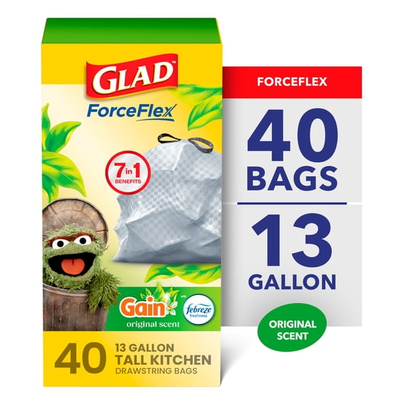 Glad ForceFlex 13-Gallon Drawstring Tall Kitchen Trash Bags, Gain Original Scent, 40 Bags