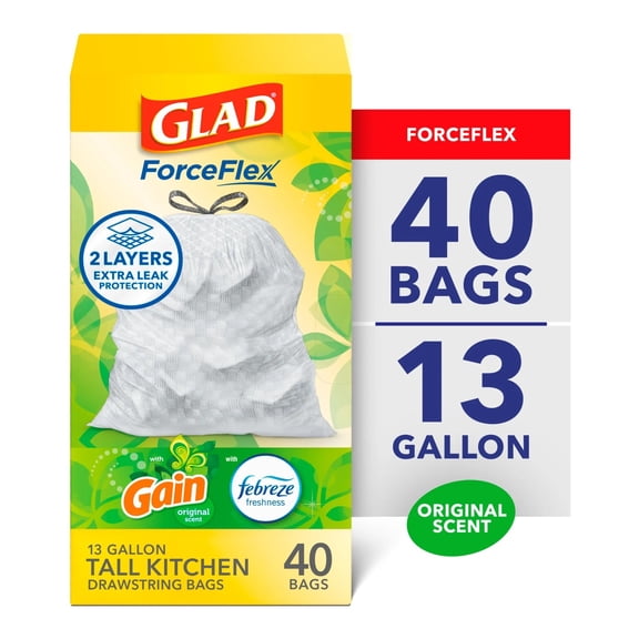 Glad ForceFlex Tall Kitchen Drawstring Trash Bags, 13 Gallon, Gain Original with Febreze Freshness, 40 Count