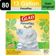 Glad ForceFlex Tall Kitchen Drawstring Trash Bags, 13 Gallon, Gain Original with Febreze Freshness, 80 Count