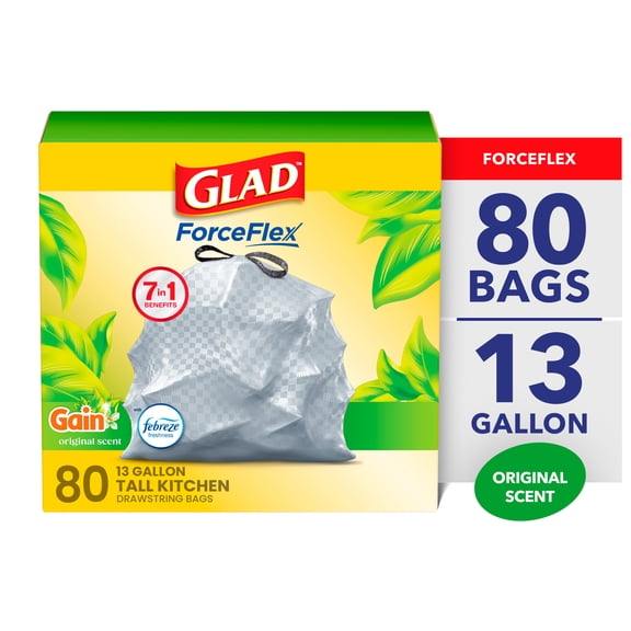 Glad ForceFlex 13-Gallon Drawstring Tall Kitchen Trash Bags, Gain Original Scent, 80 Bags