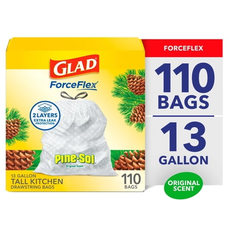 Glad ForceFlex Tall Kitchen Drawstring Trash Bags, 13 Gal, Pine-Sol Original, 110 Ct