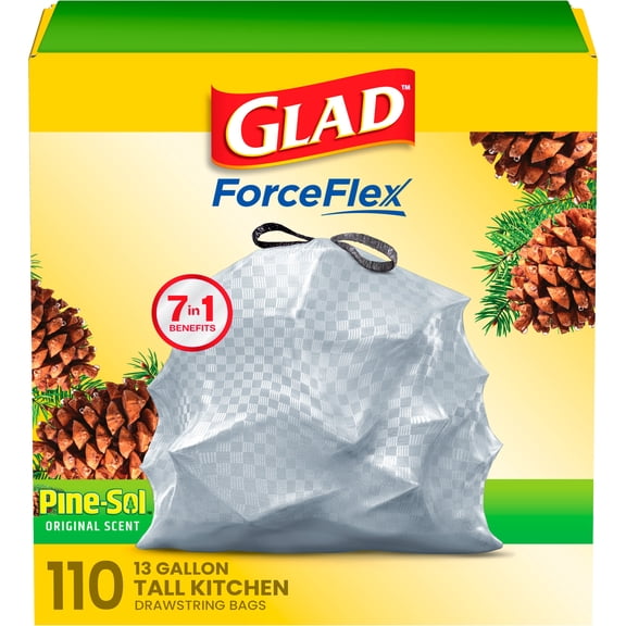 Glad ForceFlex Tall Kitchen Drawstring Trash Bags, 13 Gal, Pine-Sol Original, 110 Count