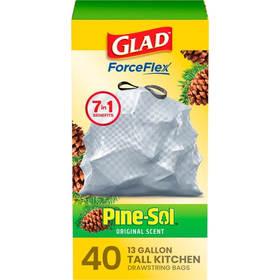 Glad ForceFlex Tall Kitchen Drawstring Trash Bags, 13 Gal, Pine-Sol Original, 40 Count