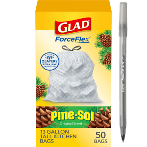 Glad ForceFlex Tall Kitchen Drawstring Trash Bags, 13 Gallon, Pine-Sol Original Scent with pan