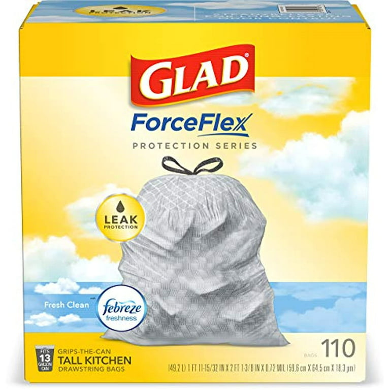 Glad ForceFlex Tall Kitchen Drawstring Trash Bags - 13 Gallon Trash Bag,  Fresh Clean scent with Febreze Freshness - 110 Count 