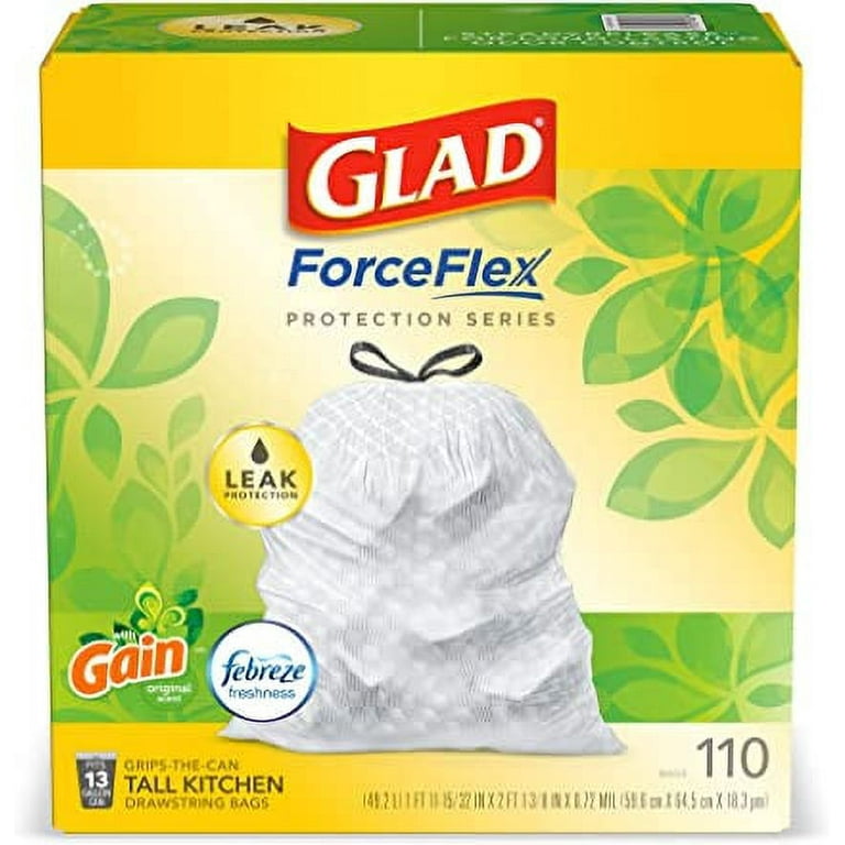 Glad ForceFlex Tall Kitchen Drawstring Trash Bags, 13 Gallon White