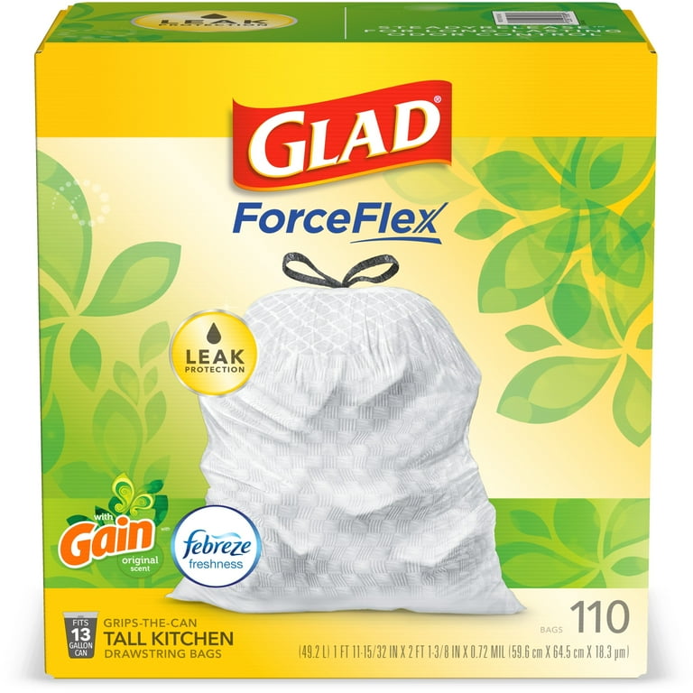 Glad ForceFlex 13-Gallons Gain Original White Plastic Kitchen Drawstring  Trash Bag (50-Count) in the Trash Bags department at