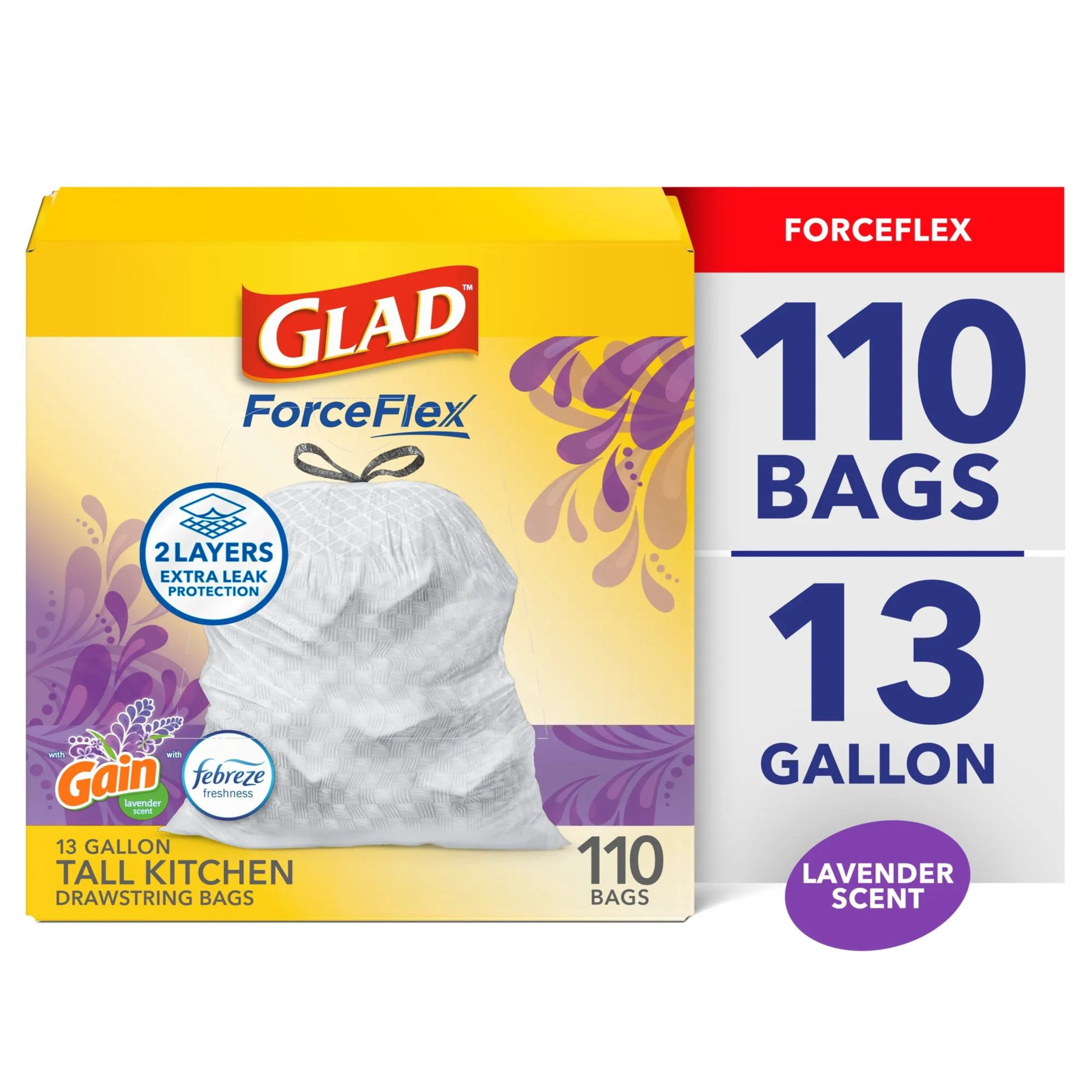 Glad ForceFlex Tall Kitchen Drawstring Trash Bags, 13 Gallon, Gain Lavender with Febreze Freshness, 110 Bags