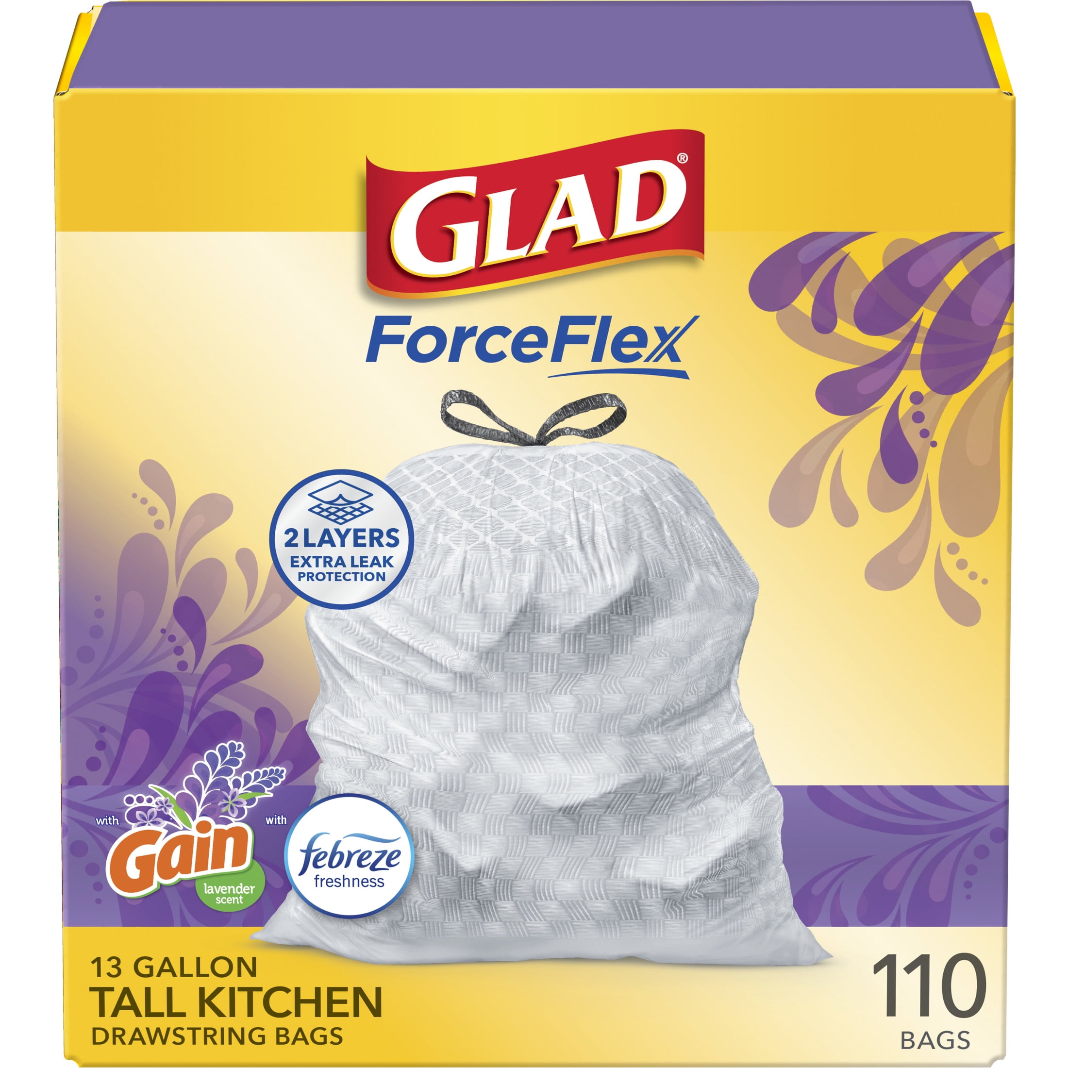 Glad ForceFlex Tall Kitchen Drawstring Trash Bags, 13 Gal, Gain Lavender with Febreze, 110 Ct