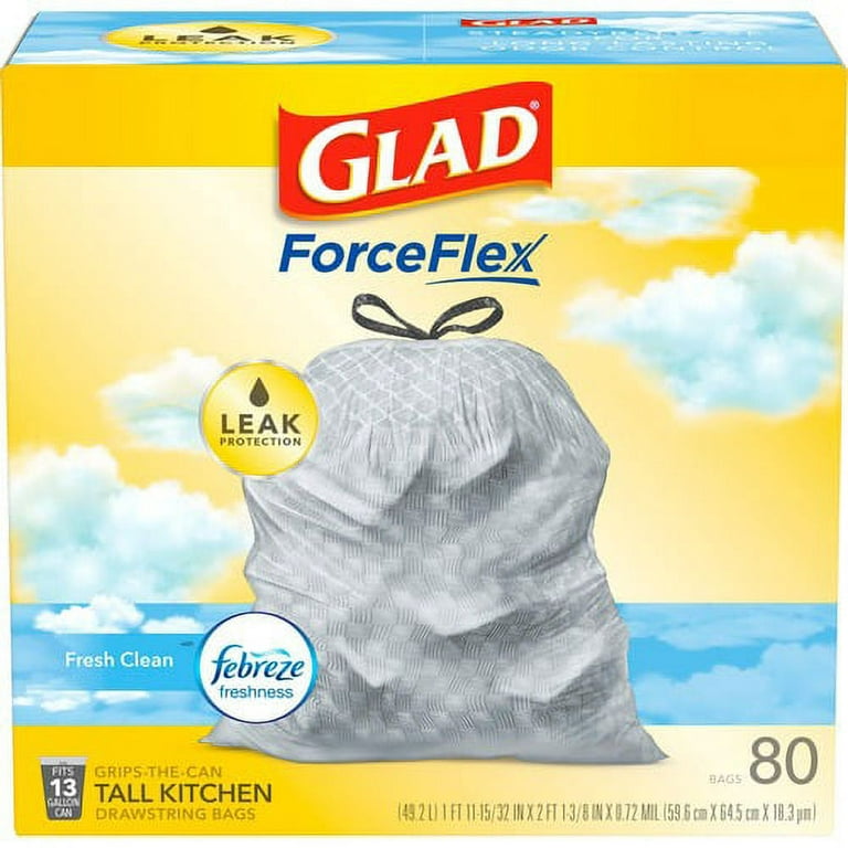 Glad ForceFlex Tall Kitchen Drawstring Trash Bags - 13 gal - 0.78 mil (20  Micron) Thickness - White - 80/Box - 80 Per Box - Garbage, Office, Kitchen  