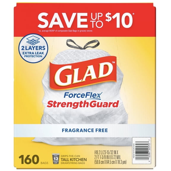 Glad ForceFlex Tall Kitchen Drawstring Trash Bags, Fragrance Free, 13 Gallon, 160 Count