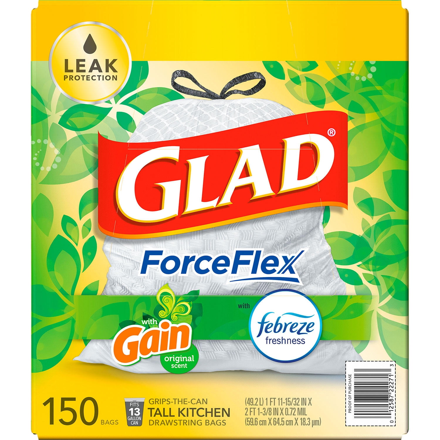 Glad ForceFlex Plus Kitchen 50% Recovered Plastic 13 Gallon Drawstring Bags, 45 Count