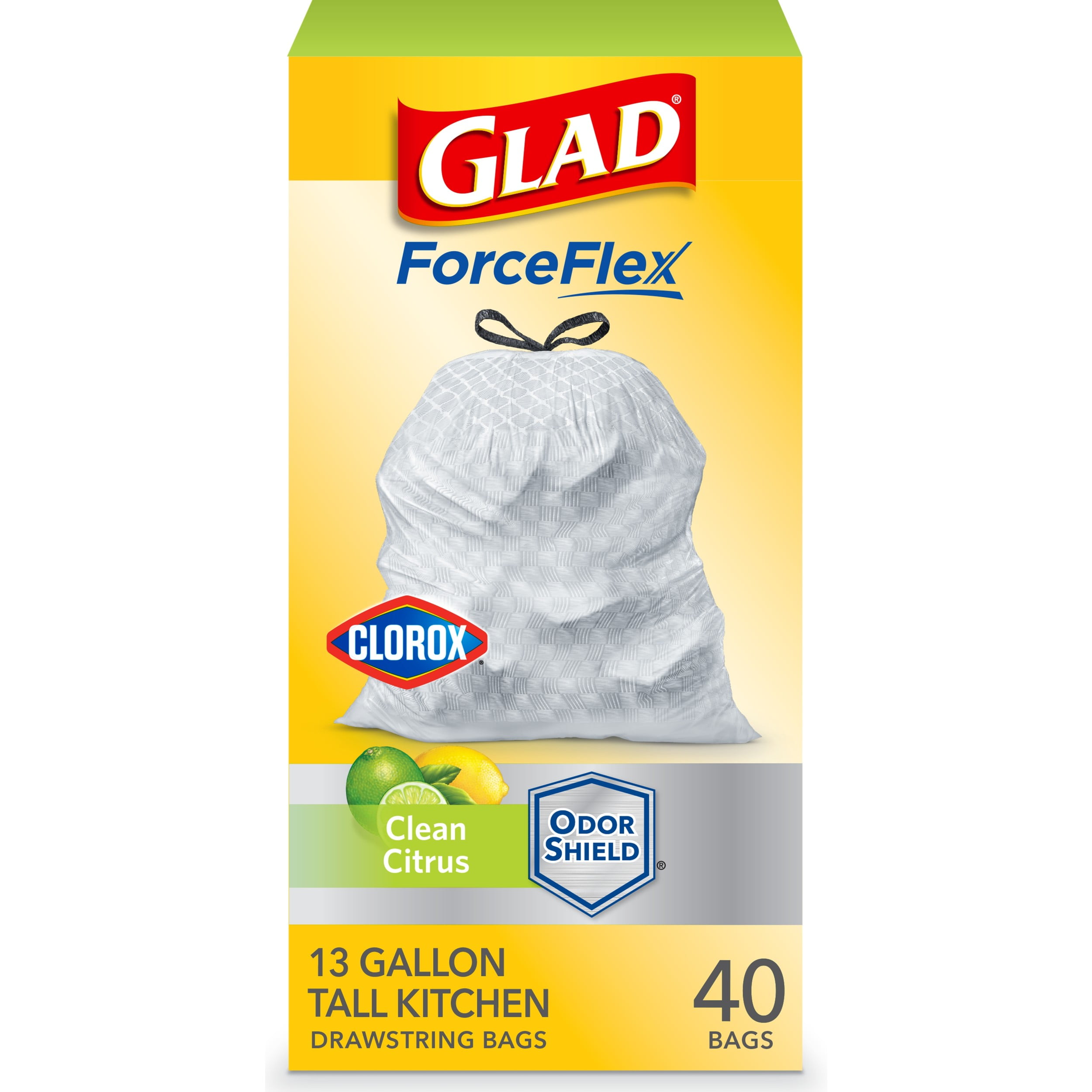 Glad ForceFlex Tall Kitchen Trash Bags, 13 Gallon, 40 Bags (Clean