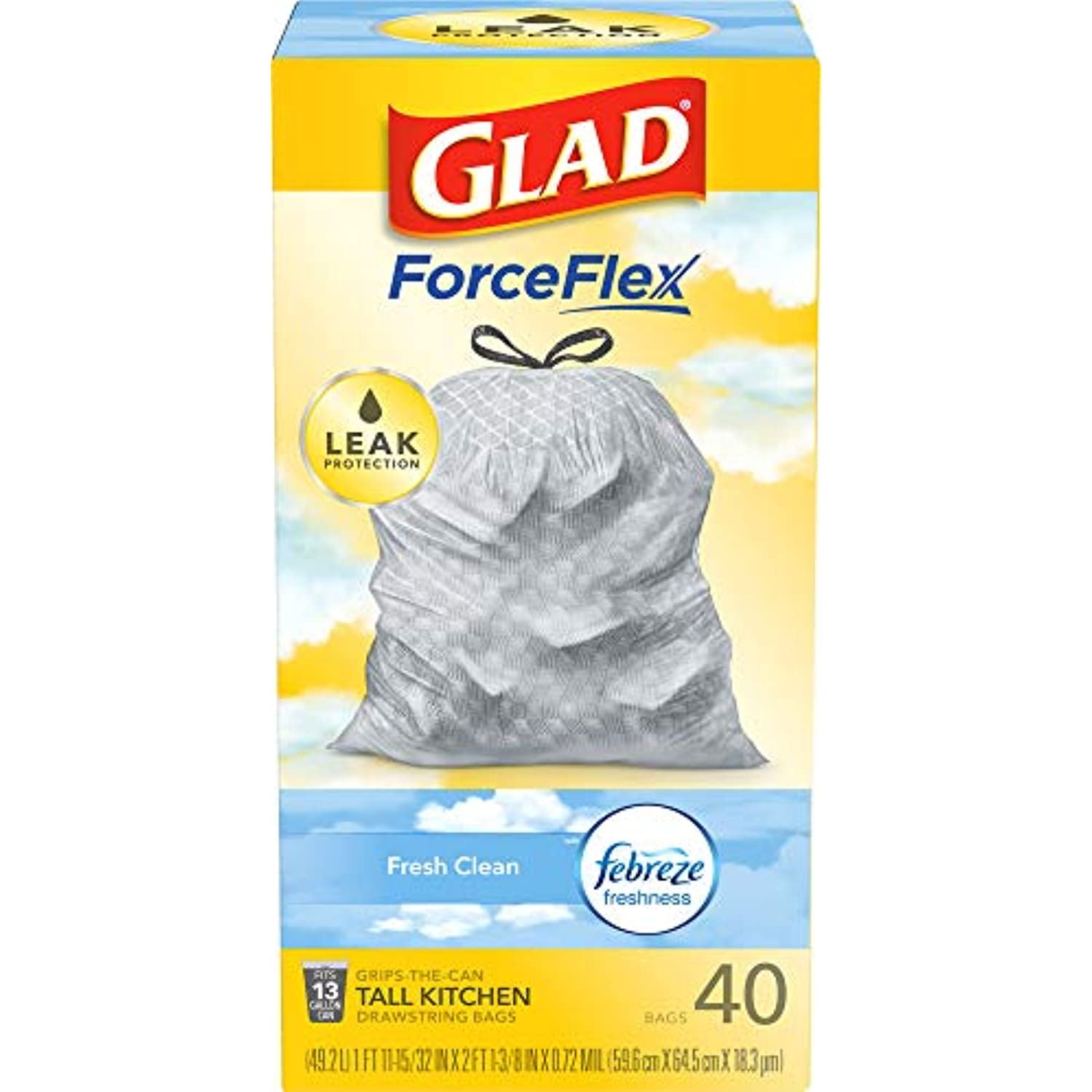 Glad ForceFlex Tall Kitchen Trash Bags, 13 Gallon, 40 Bags Fresh Clean Scent, Febreze Freshness