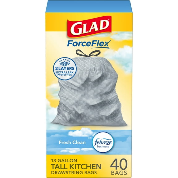 Glad ForceFlex Tall Kitchen Trash Bags, 13 Gallon, 40 Bags (Fresh Clean Scent, Febreze Freshness)