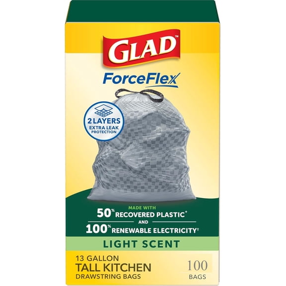 Glad ForceFlex Tall Kitchen Trash Bags, 13-Gallon, Drawstring, Light Scent