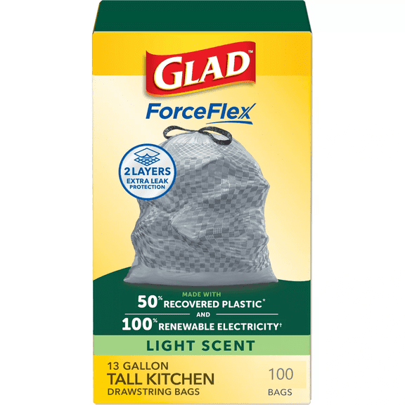 Glad ForceFlex Heavy Duty 13-Gallon Gray Drawstring Regular Kitchen Household Wastebasket Liners, Light Scent, 100 Bags
