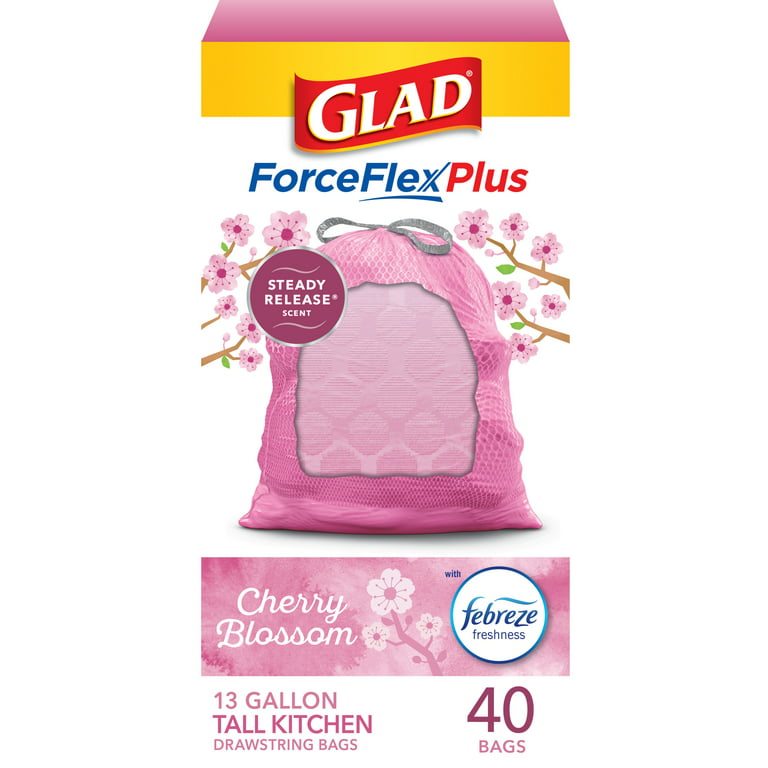 Glad ForceFlexPlus 13 Gallon Tall Kitchen Trash Bags, Cherry Blossom with Febreze, 40 Bags, Size: 40 ct