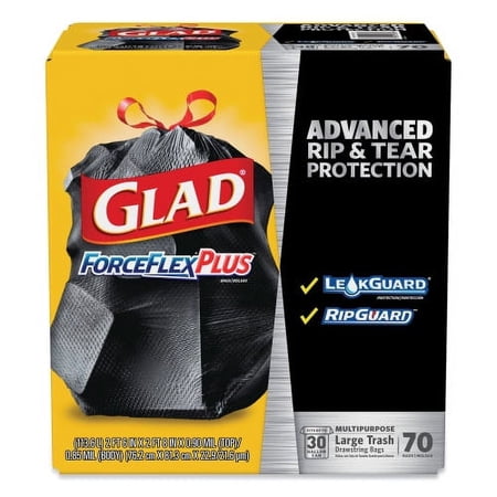 New Glad ForceFlexPlus Drawstring Large Trash Bags, 30 gal, 1.05 mil, 30" x 32", Black, 70/Box,Each