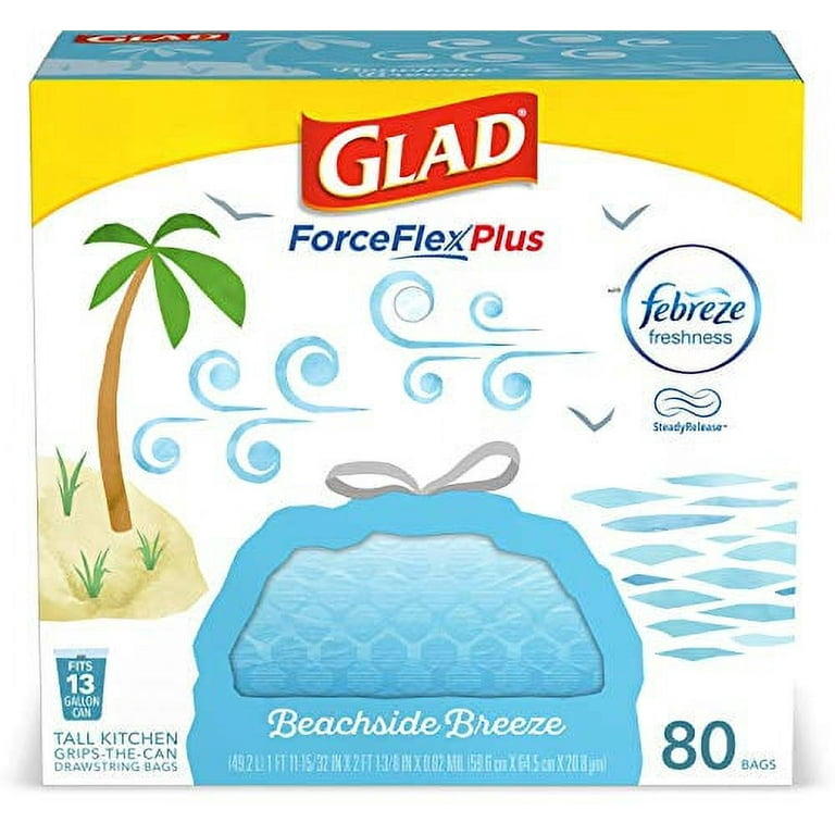 Glad ForceFlexPlus Tall Kitchen Drawstring Trash Bags - 13 Gallon Trash Bag,  Febreze Beachside Breeze - 80 Count (Package May Vary) 