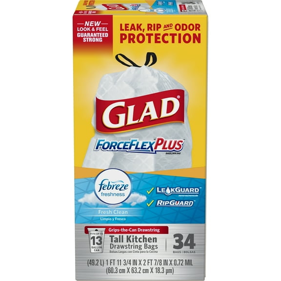 Glad ForceFlexPlus Tall Kitchen Drawstring Trash Bags - Febreze Fresh Clean- 13 Gallon - 34 ct