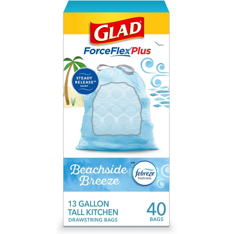 Glad ForceFlexPlus Tall Kitchen Trash Bags, 13 Gallon, 40 Bags (Fresh Clean Scent, Febreze Freshness)
