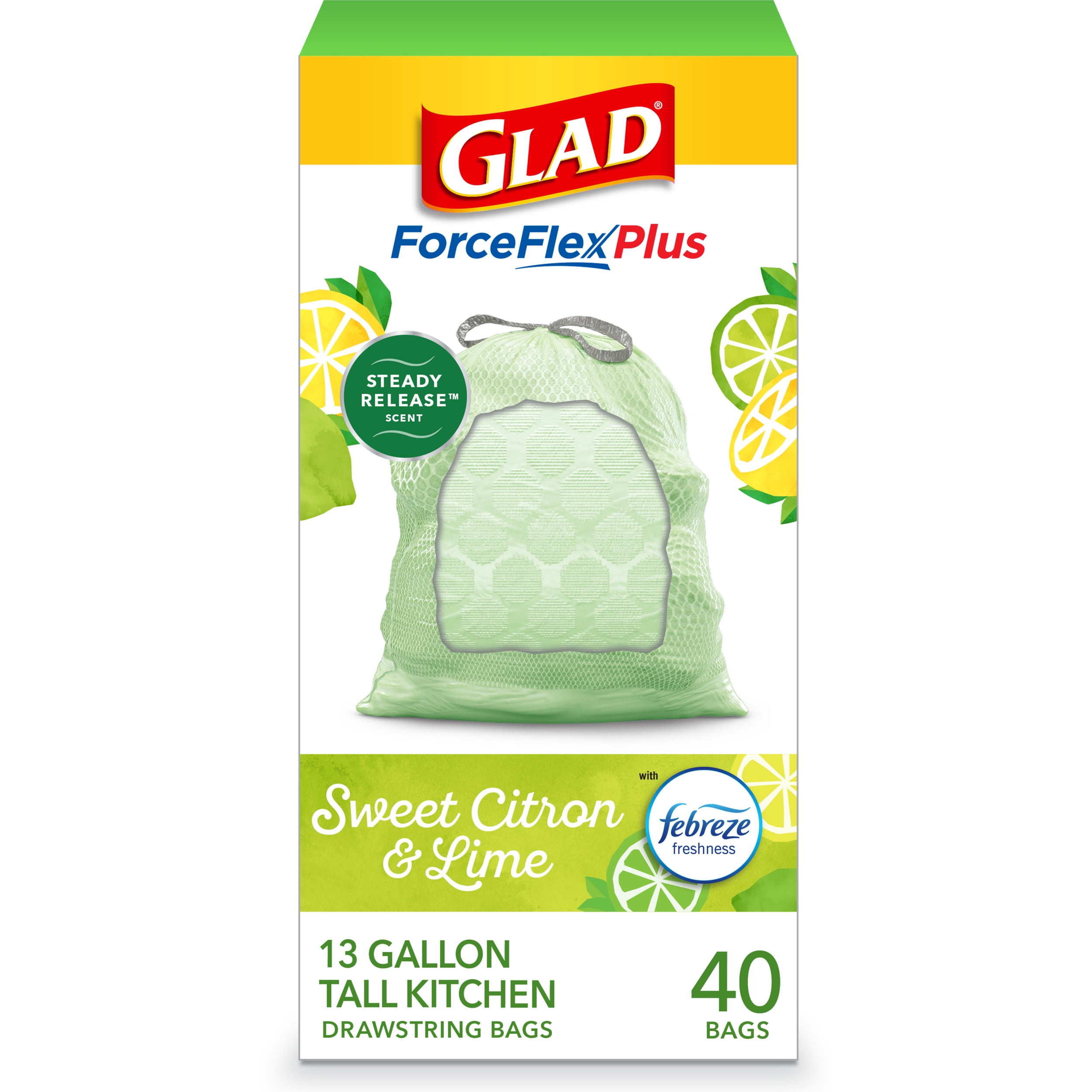 Glad ForceFlex Tall Kitchen Drawstring Trash Bags Citrus & Zest scent with  Febreze Freshness, 13 Gallon