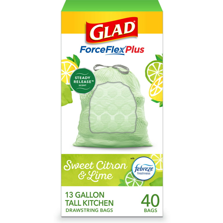 Glad ForceFlexPlus Tall Kitchen Trash Bags, 13 Gallon, 40 Bags (Sweet Citron & Lime Scent, Febreze Freshness)
