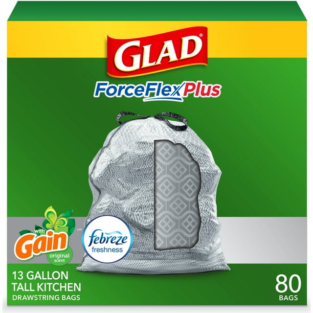 Glad ForceFlexPlus Tall Kitchen Trash Bags, 13 Gallon, 80 Bags (Gain