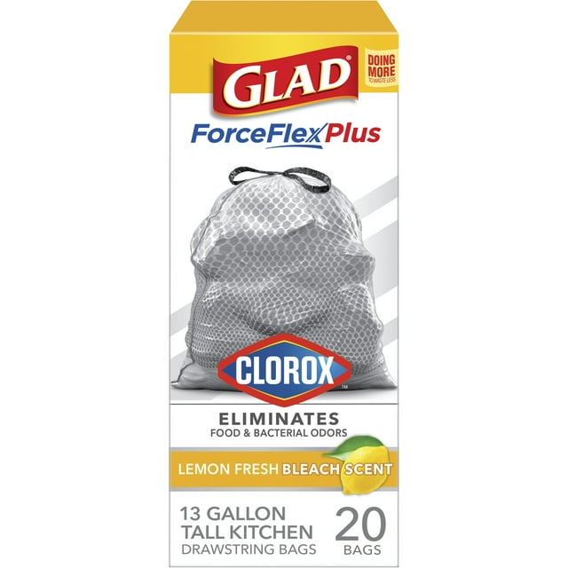 Glad ForceFlexPlus with Clorox 13 Gallon Tall Kitchen Trash Bags, Lemon