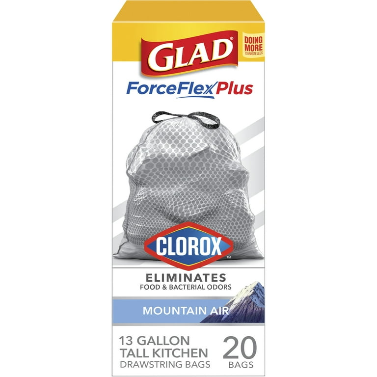 Glad ForceFlexPlus with Clorox Tall Kitchen Trash Bags, 13 Gallon, 20 Bags (Mountain Air Scent)