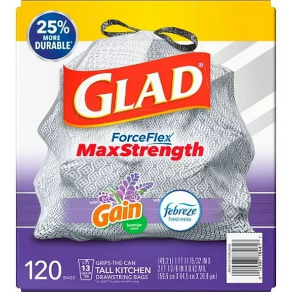 Glad Forceflex Max Strength Tall Kitchen Drawstring Trash Bags, Gain Lavender 13 Gal., 120 Ct.