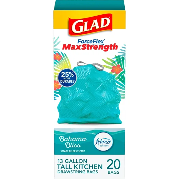 Glad Forceflex Maxstrength Tall Kitchen Drawstring Trash Bags, 13 Gallon, 20 Ct
