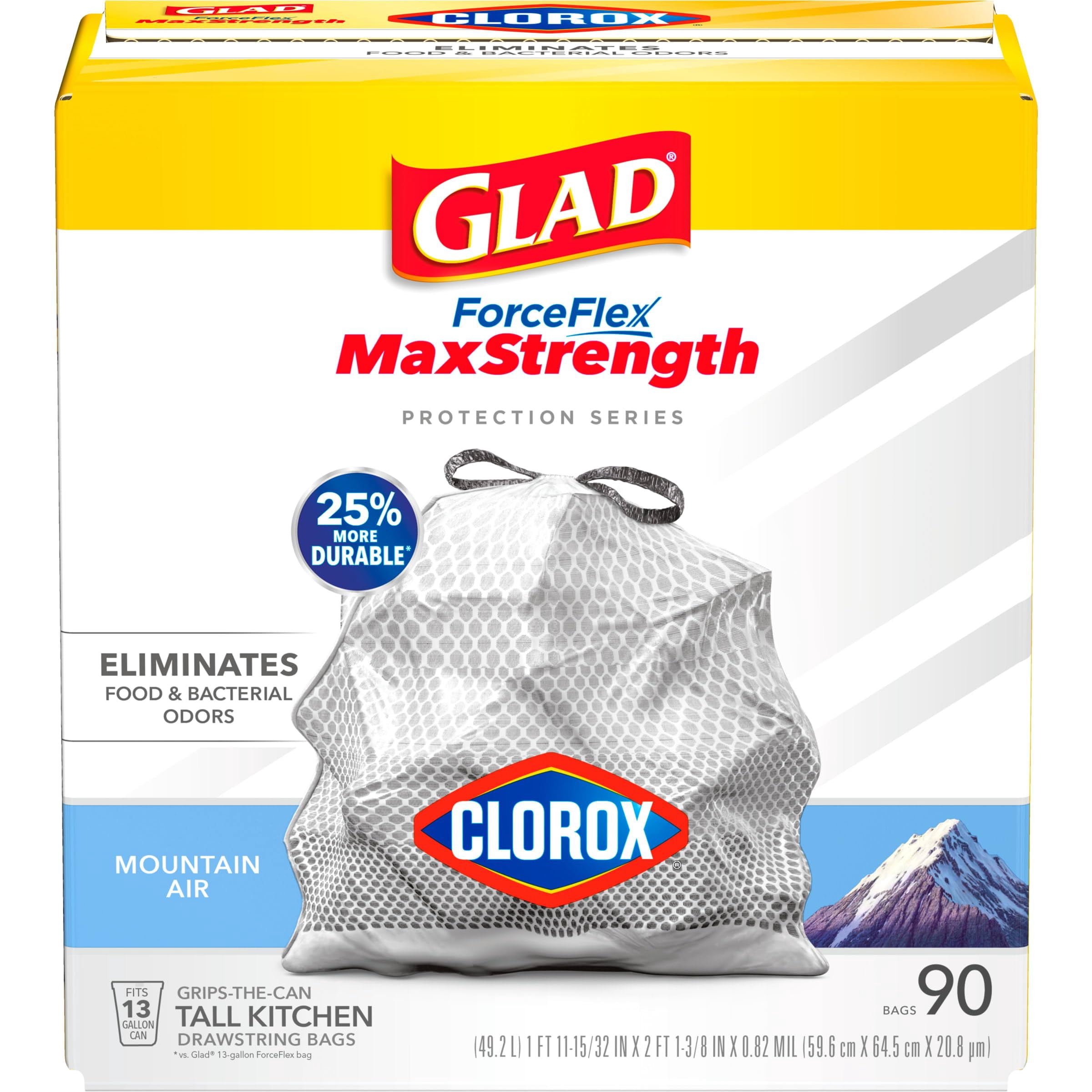 Glad ForceFlex MaxStrength with Clorox Tall Kitchen Drawstring Trash ...