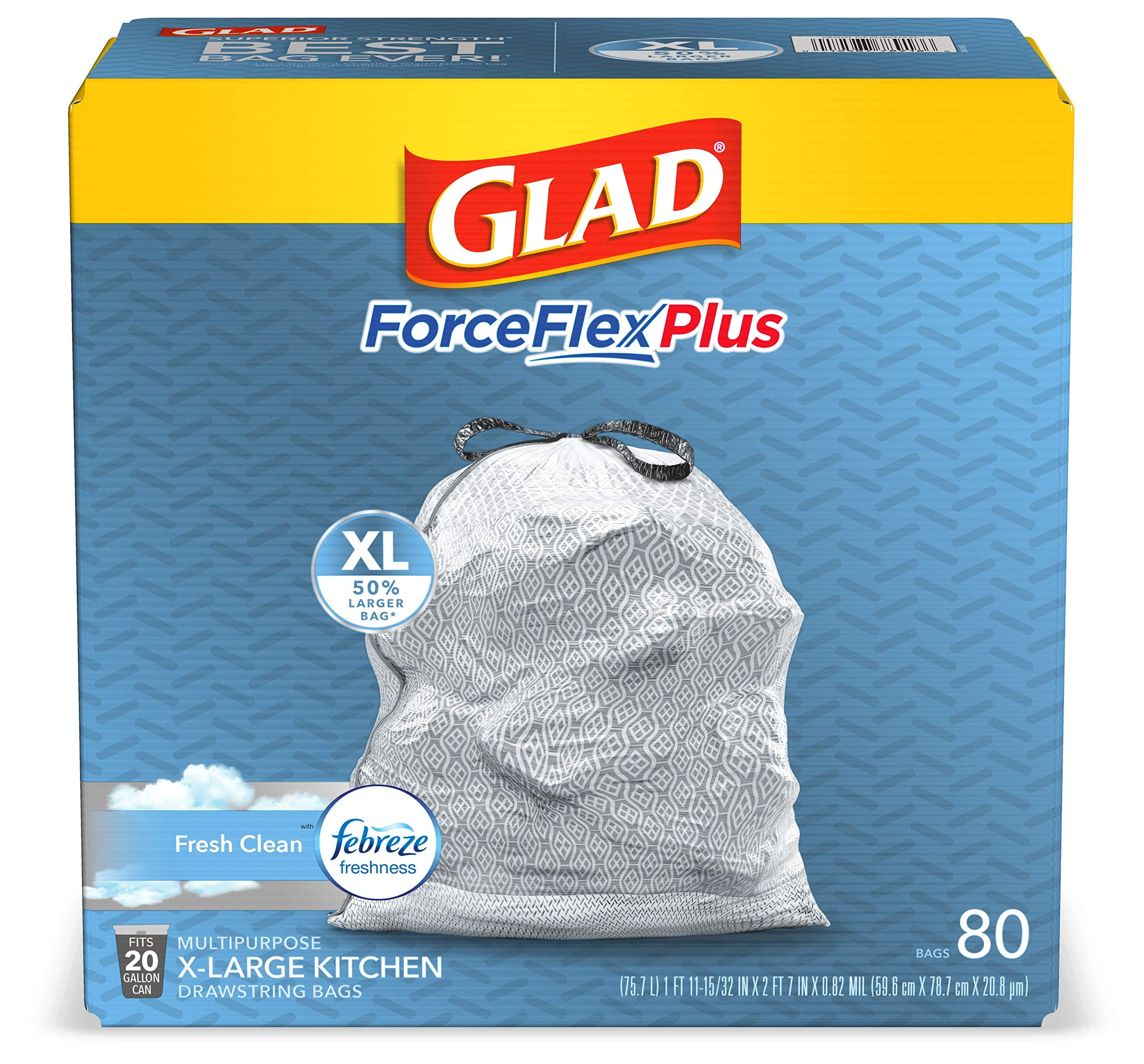 Glad Forceflex Maxstrength X-Large Kitchen Drawstring Trash Bags, 20 Gallon, Fresh Clean Scent With Febreze Freshness, 80 Count