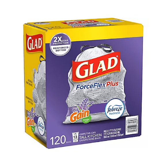 Glad Forceflex Odorshield Drawstring Kitchen Trash Bags 13 Gallon, Fresh Clean, 120 Count