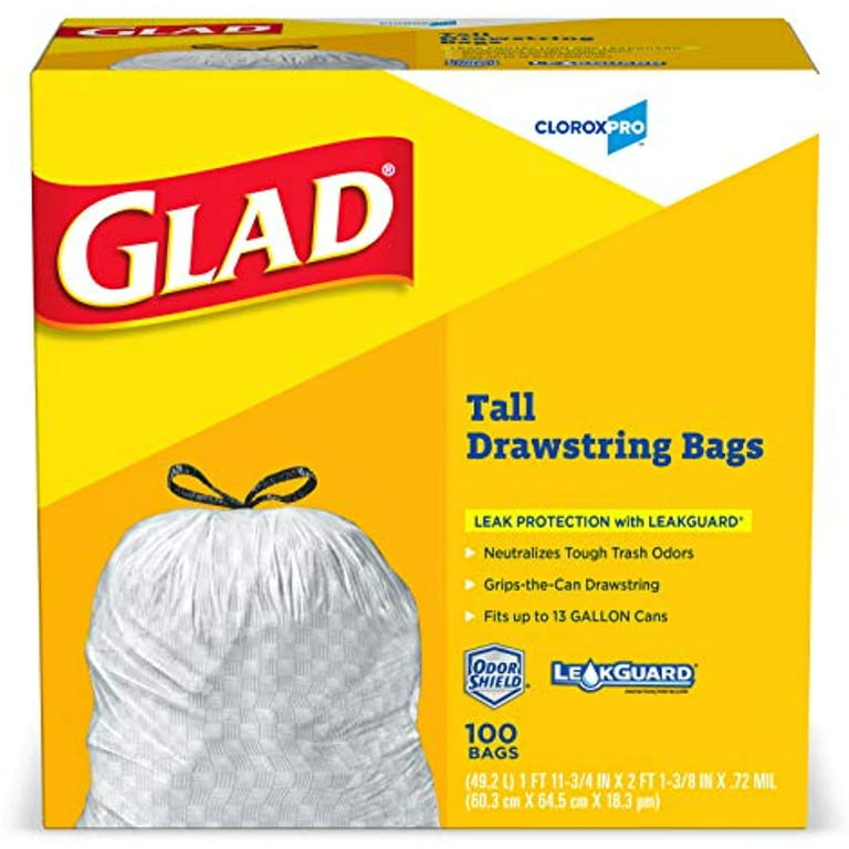 Glad Forceflex Tall Kitchen Cloroxpro Drawstring Trash Bags – 13 Gallon  White Trash Bag, Unscented – 100 Count (Package May Vary) 