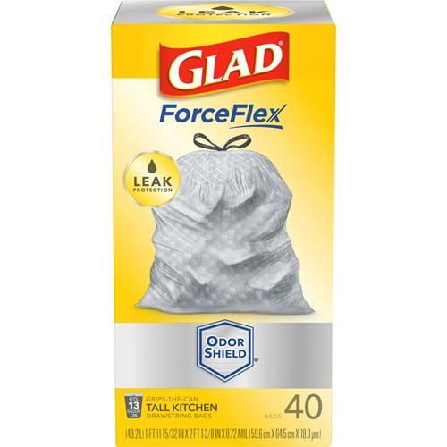 Glad Forceflex Tall Kitchen Drawstring Trash Bags, 13 Gal, Odorshield, 40 Ct - Pack of 2